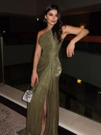 Olive Green Pleated Ribbon Sparkling Maxi Dresses