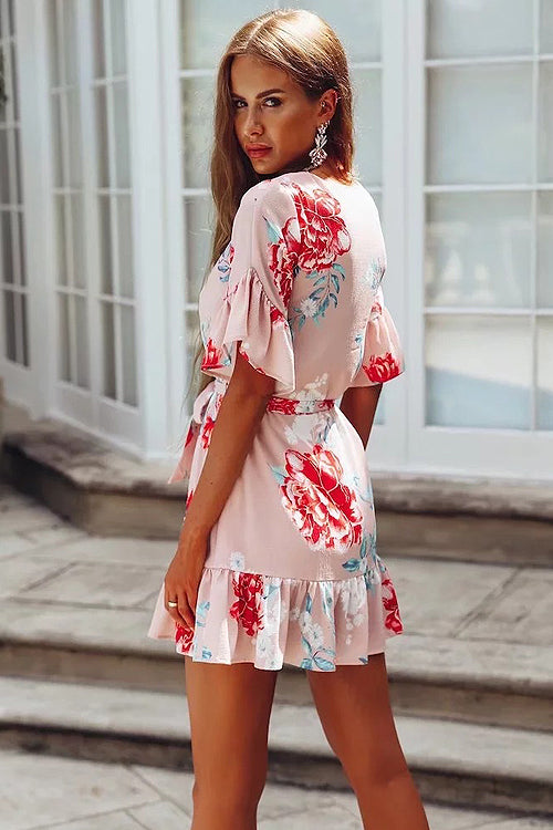 Boat Neck Ruffle Cuff Self Tie Waist Floral Ruffle Hem Mini Dress