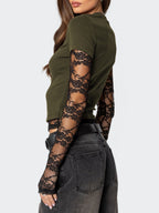 Lace Patchwork Layered-look Long-sleeved Crew Neck T-shirts