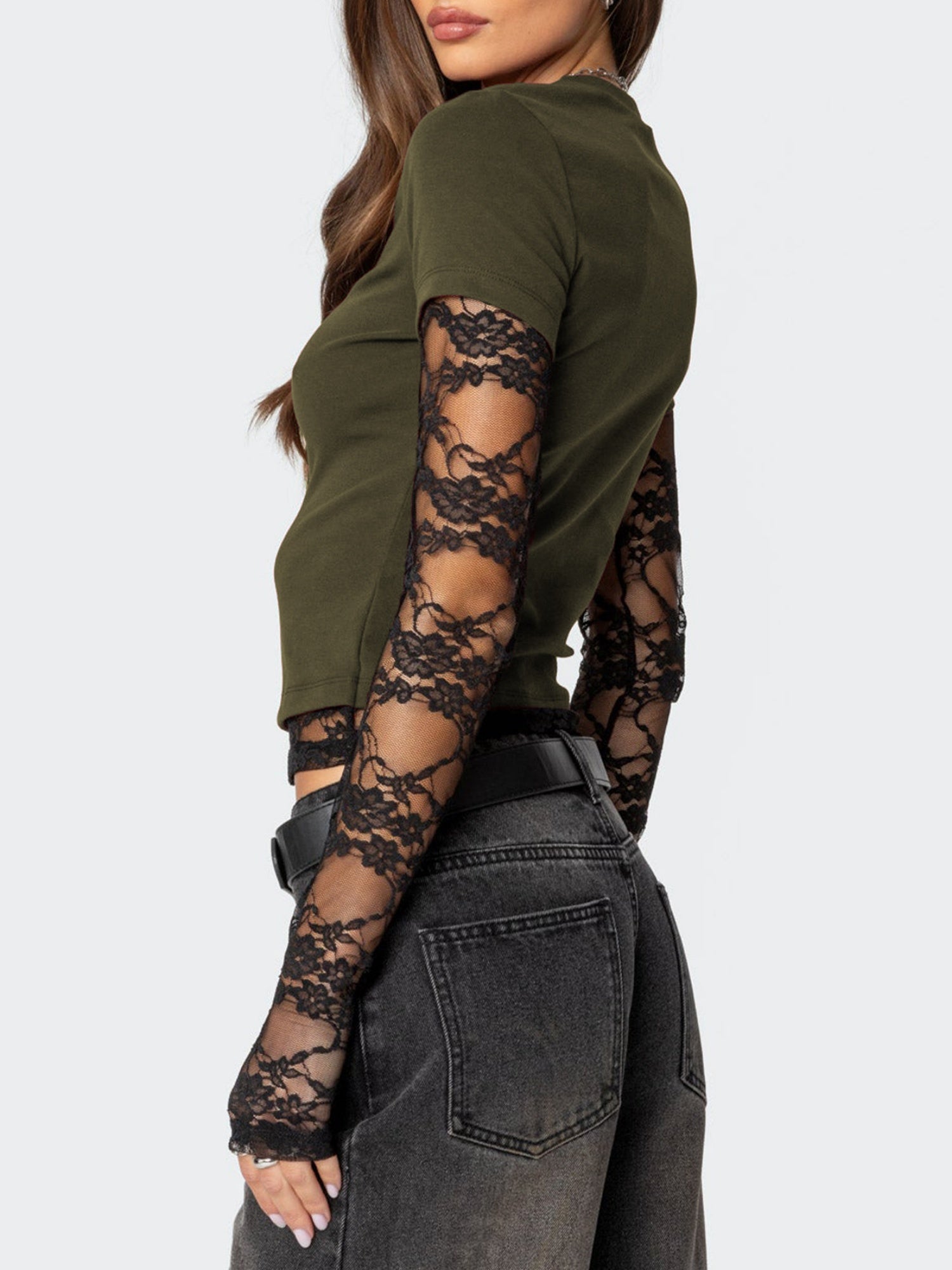 Lace Patchwork Layered-look Long-sleeved Crew Neck T-shirts