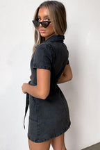 Denim Collar Zip Front Tie Waist Patch Pocket Mini Shirt Dress