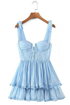 Bustier Sweetheart Tie Shoulder Button Front Tiered Ruffle Mini Dress