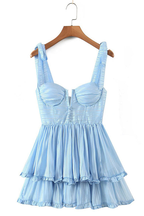 Bustier Sweetheart Tie Shoulder Button Front Tiered Ruffle Mini Dress