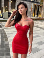PU Leather Pleated Strapless Bodycon Mini&Short Dresses