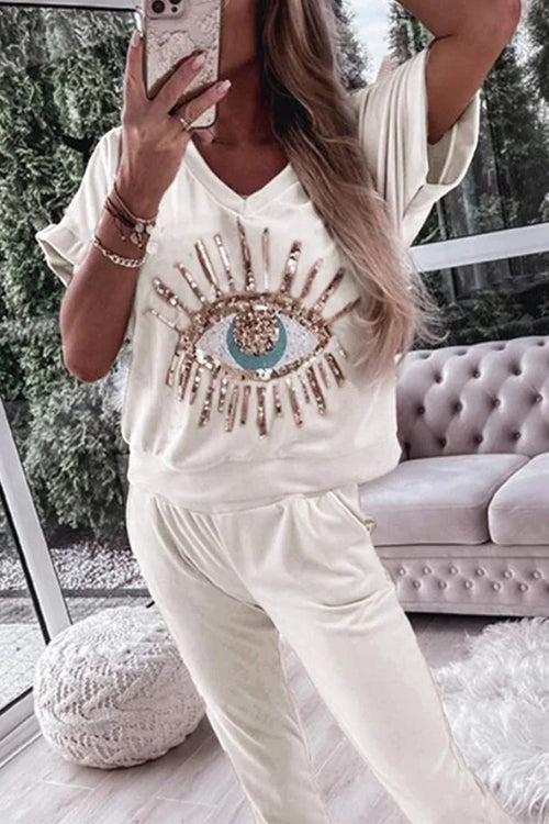 Sequin Pattern V Neck Short Sleeve Top with Pocketed Pants Casual Set