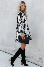 Smocked Mock Neck Balloon Sleeve Tiered Floral Print Mini Dress