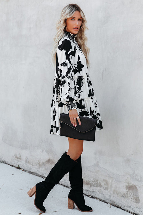 Smocked Mock Neck Balloon Sleeve Tiered Floral Print Mini Dress