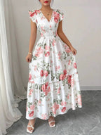 Ruffle Plants And Flowers Printed Long Dress