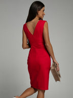 V-neck Sleeveless High-waisted Slit Dress Pleated Solid Color Short Dress
