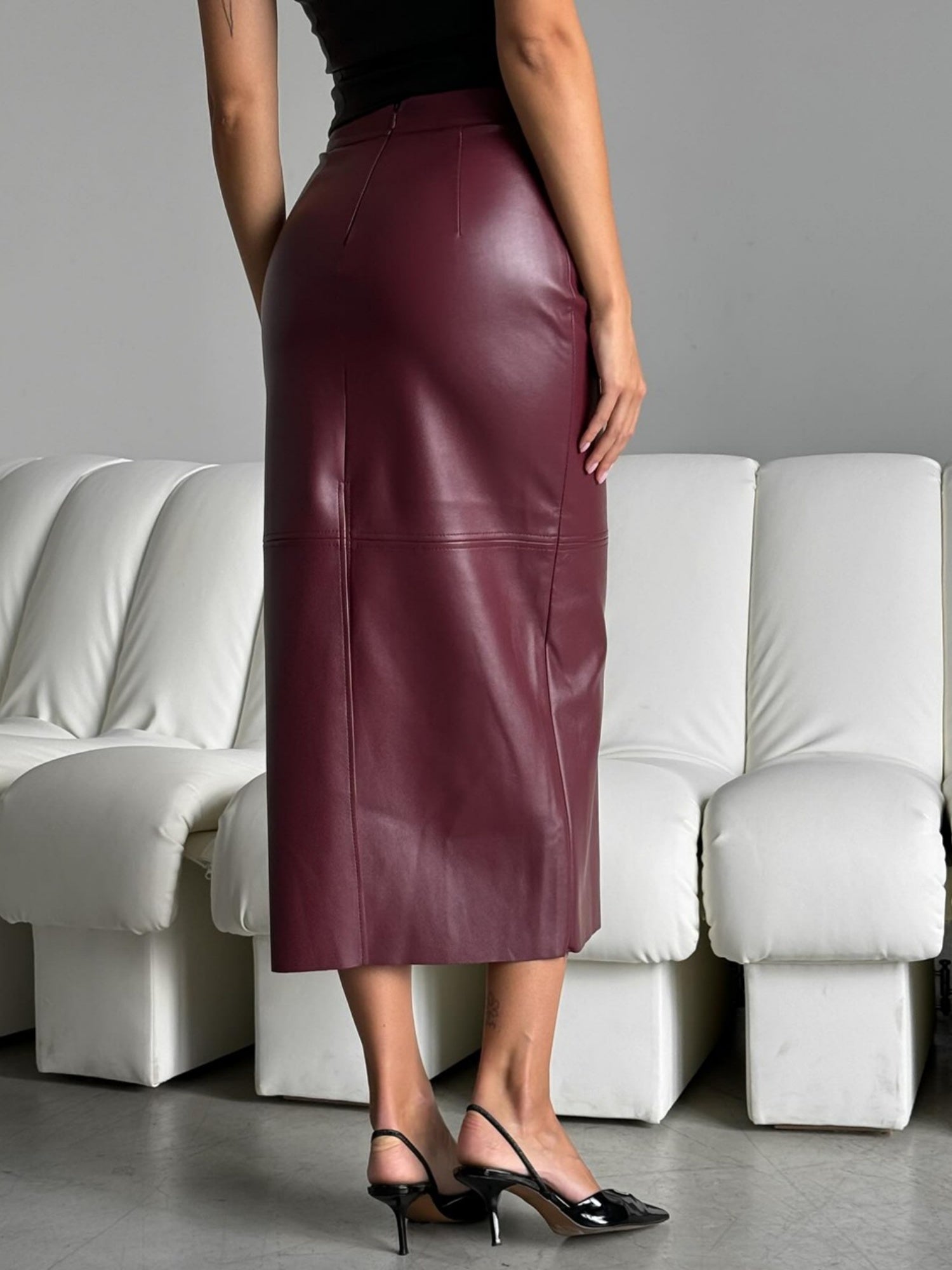 PU Leather High-waisted Back Slit Longline Skirts