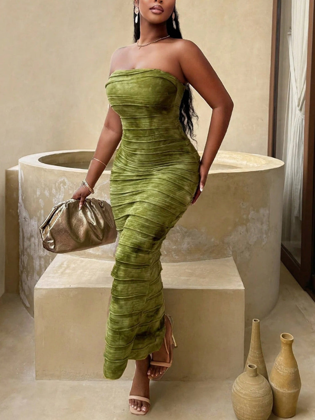 Tie-dye Splicing Strapless Backless Maxi Dresses