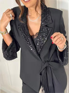 Black V-neck Sequins Lace Up Solid Color Two-piece Suit