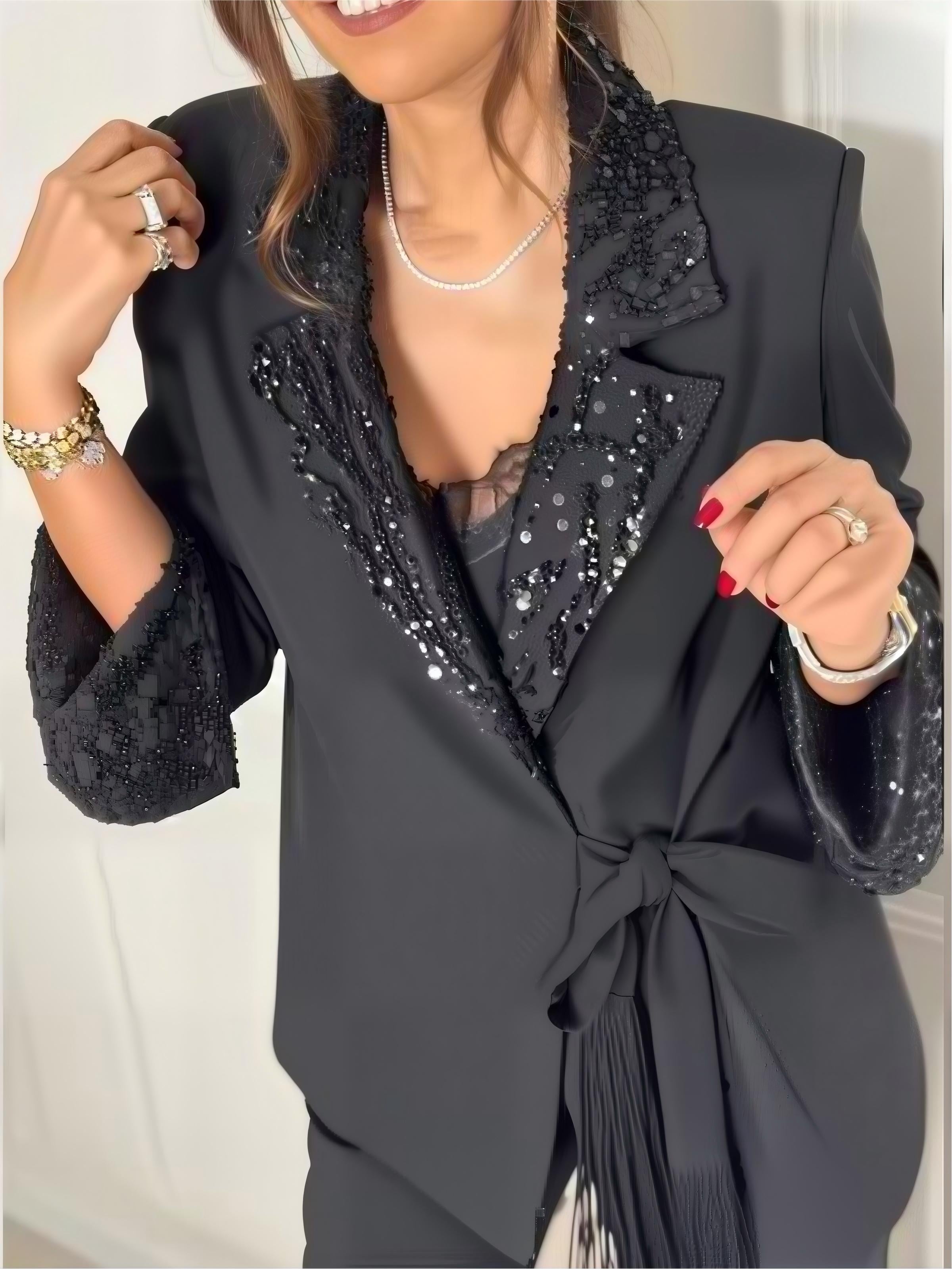 Black V-neck Sequins Lace Up Solid Color Two-piece Suit