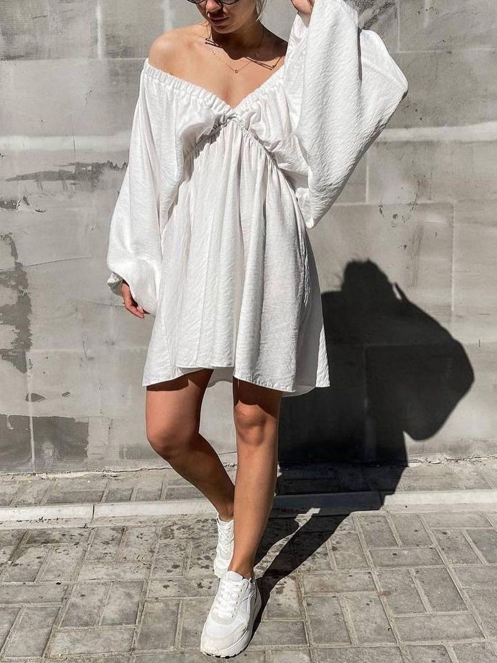Deep V Neck Lantern Sleeve Pleated Waist Belted Mini Dress