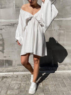 Deep V Neck Lantern Sleeve Pleated Waist Belted Mini Dress