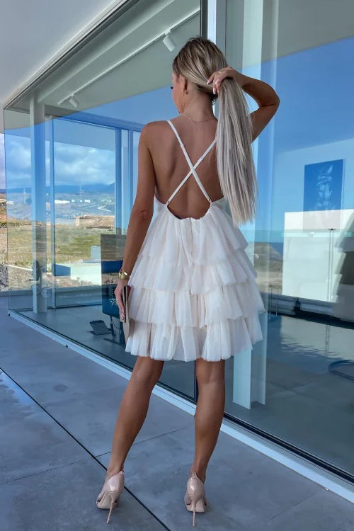 Deep V-Neck Tiered Tulle Ruffle Mini Dress