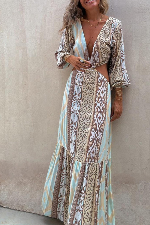 Mixed Print Deep V-Neck Ring Waist Cut Out Bishop Sleeve Tiered Maxi Dress