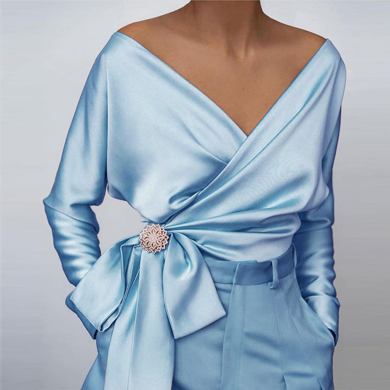 V-neck Long Sleeve Side Straps Silk Chiffon Blouse