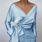V-neck Long Sleeve Side Straps Silk Chiffon Blouse