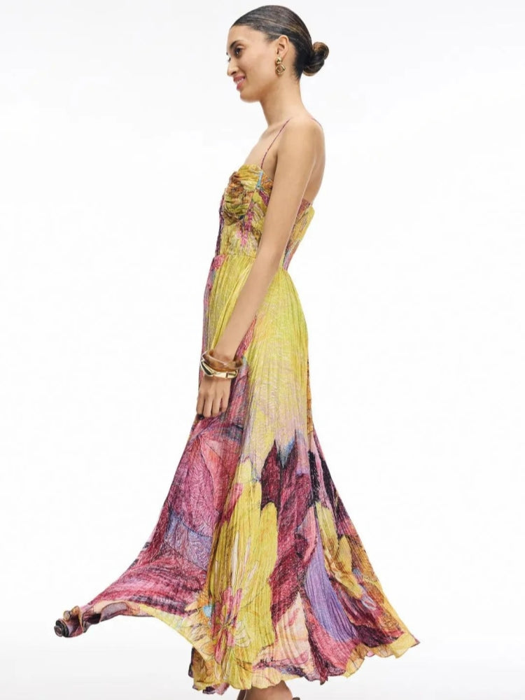 Bustier Cut Out Sweetheart Pleated Abstract Floral Maxi Dress
