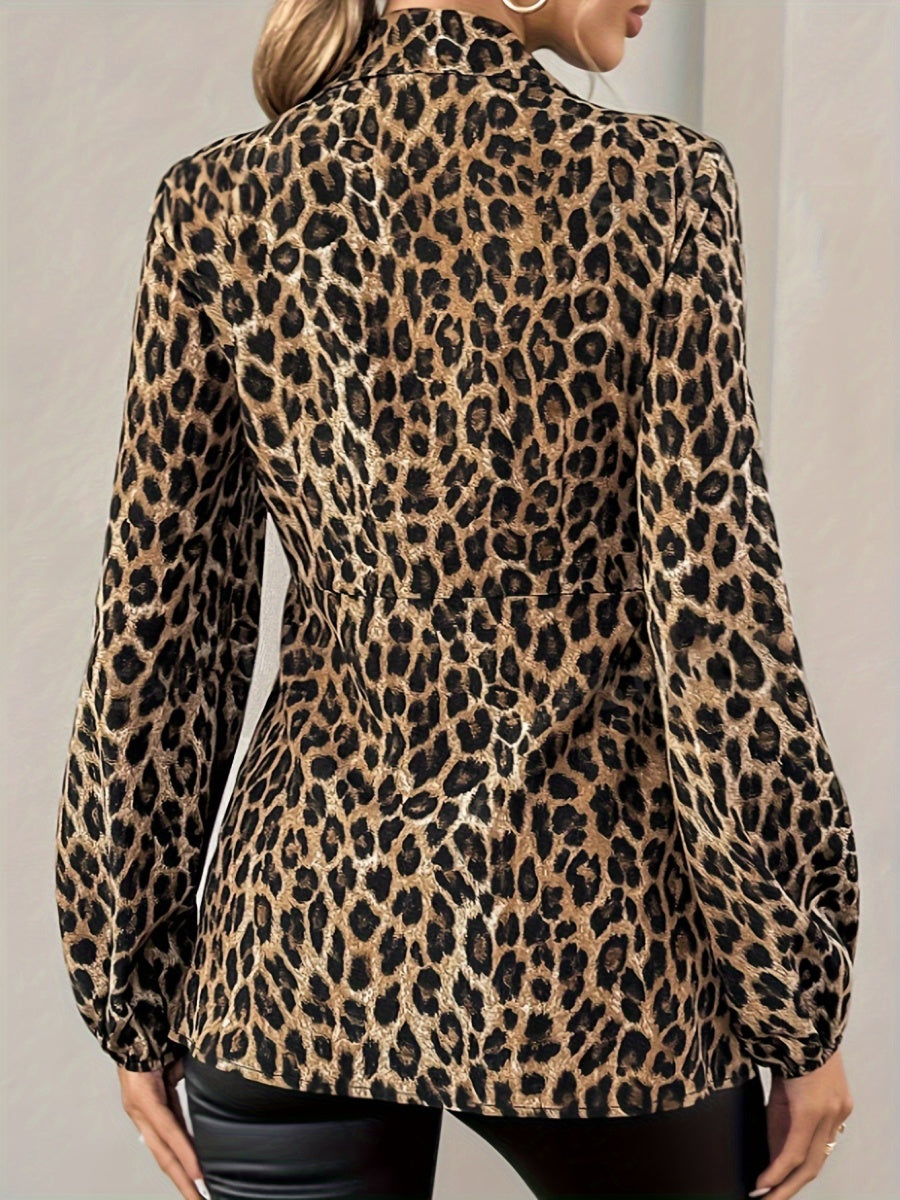 Leopard Print Tie-neck Long-sleeved T-shirt