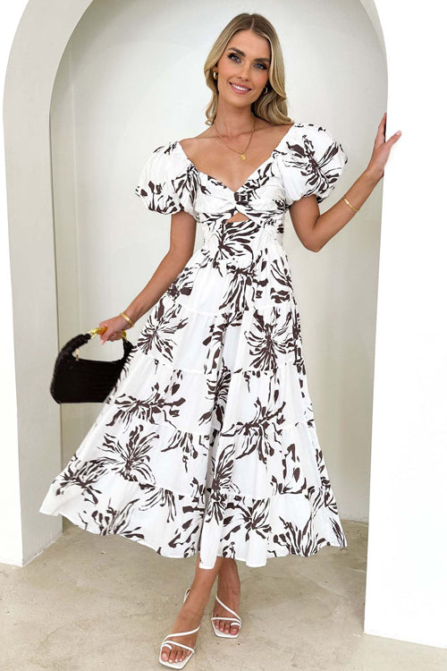 Off Shoulder Twist Front Cut Out Puff Sleeve Tiered Floral Maxi Dress