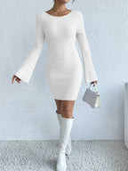 Ribbed Knit Scoop Neck Bell Sleeve Bodycon Mini Dress