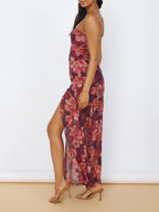 Floral Print Strapless Bandeau High Split Tiered Maxi Dress