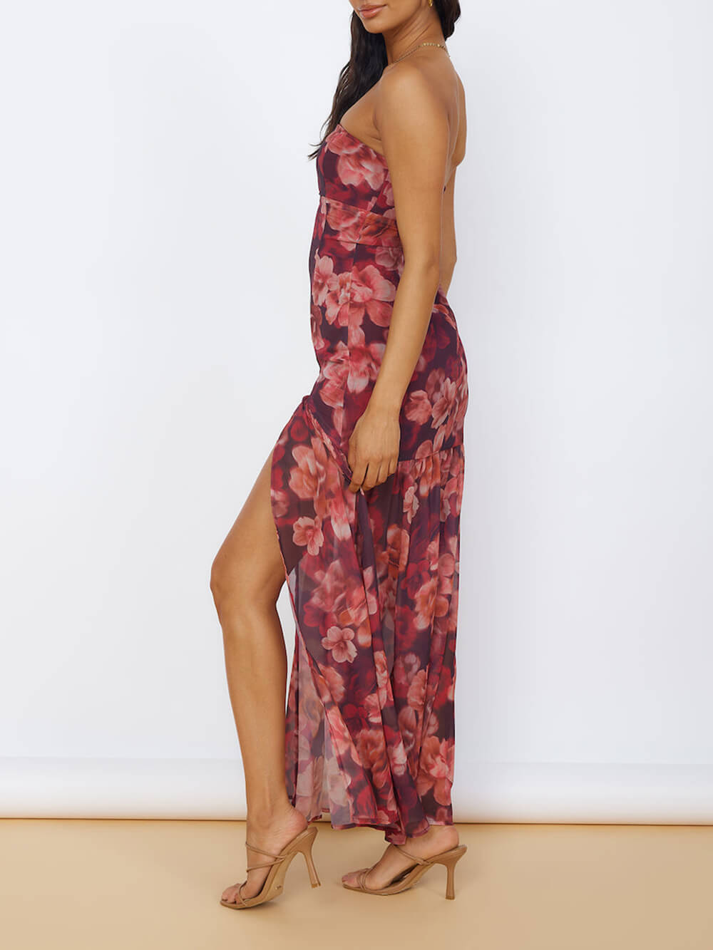 Floral Print Strapless Bandeau High Split Tiered Maxi Dress