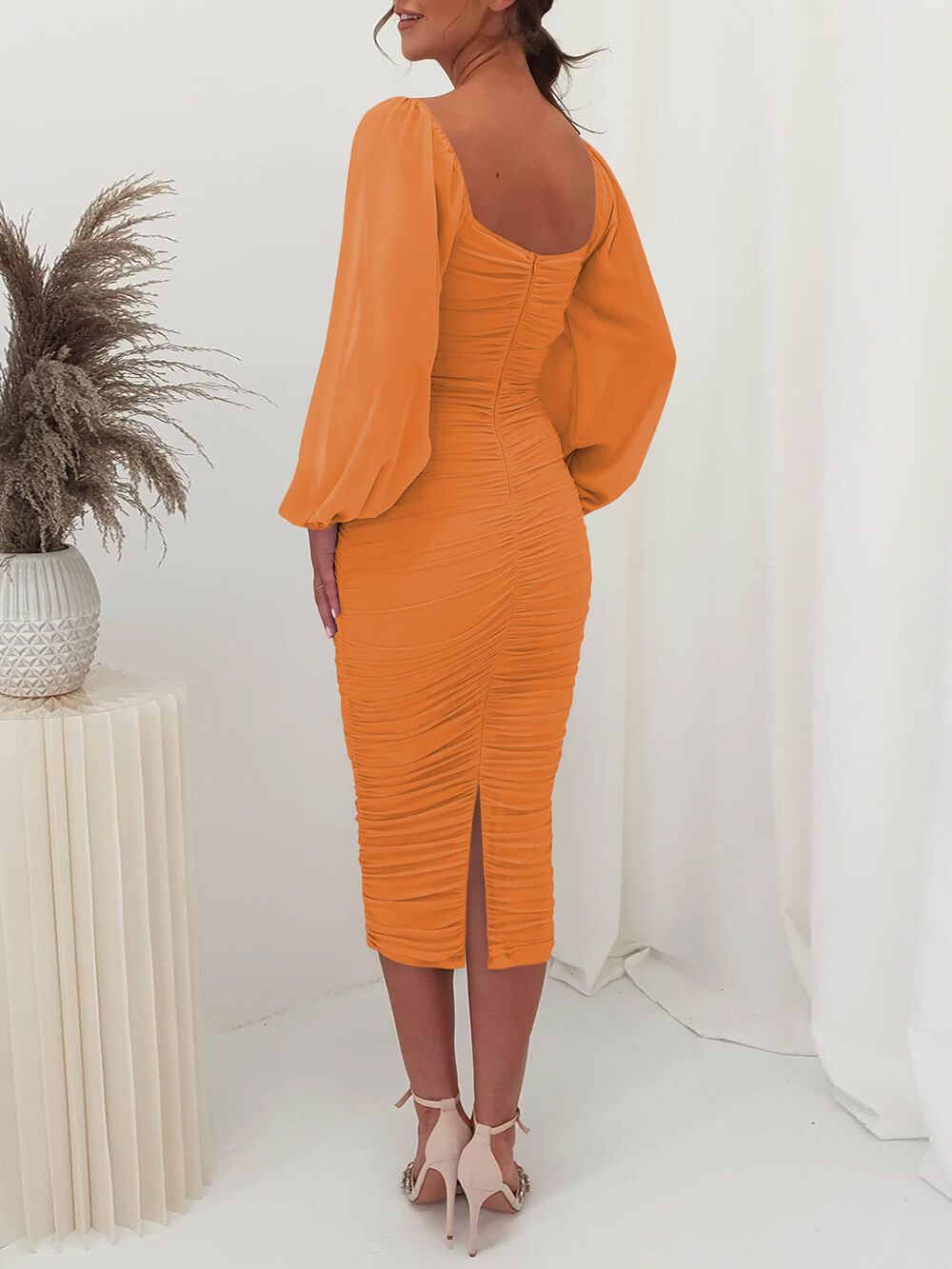 Mesh Bishop Sleeve Square Neck Ruched Bodycon Midi Dress