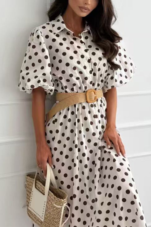 Lapel Lantern Short Sleeves Button Up Polka Dot Midi Dress