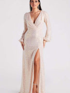 V-neck Slit Sequins Banquet Formal Dress Maxi Dresses