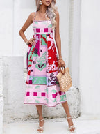 Square Neck Spaghetti Strap Abstract Tropical Print Midi Dress