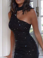 Sloping Shoulder Halter Neck Sequins Hip Wrap Sleeveless Mini&Short Dresses