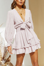 Tie Front Puff Sleeve Smocked Waist Tiered Ruffle Mini Set