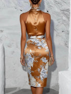 Halter-neck Printed Satin Midi Dress
