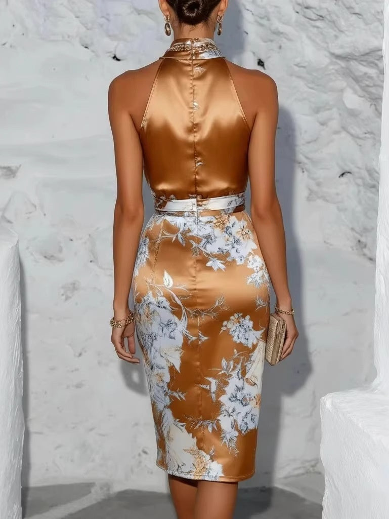 Halter-neck Printed Satin Midi Dress