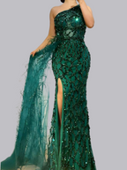 Long Sleeveless Feather Glitter Maxi Dresses
