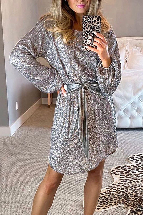 Sequin Long Sleeve Crew Neck Velvet Tie Waist Mini Dress