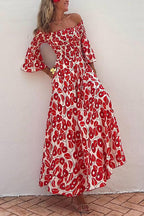 Off Shoulder Bell Sleeves Abstract Print Swing Maxi Dress