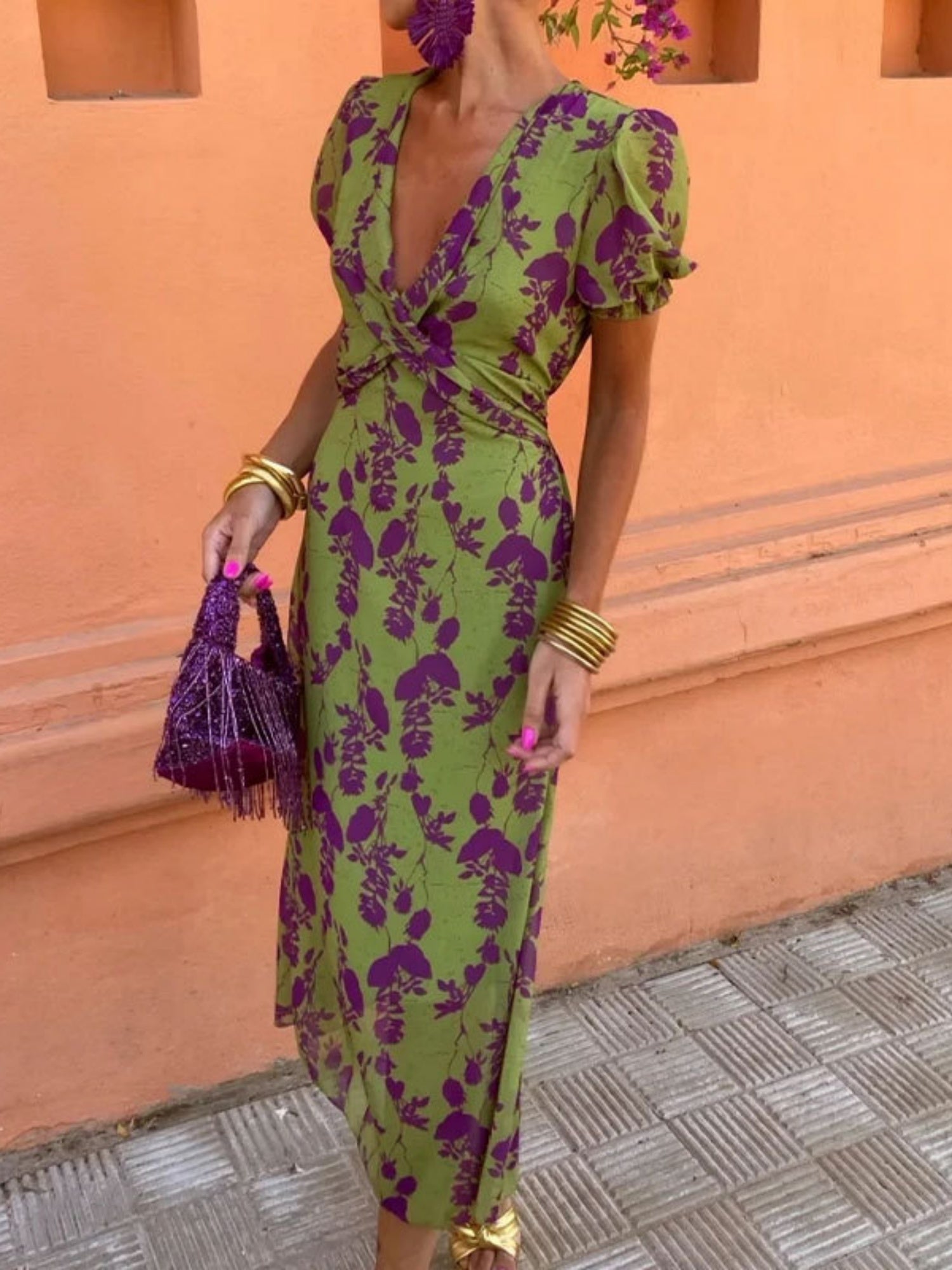 Floral Print V-neck Short Sleeve Pleated Maxi Dresses