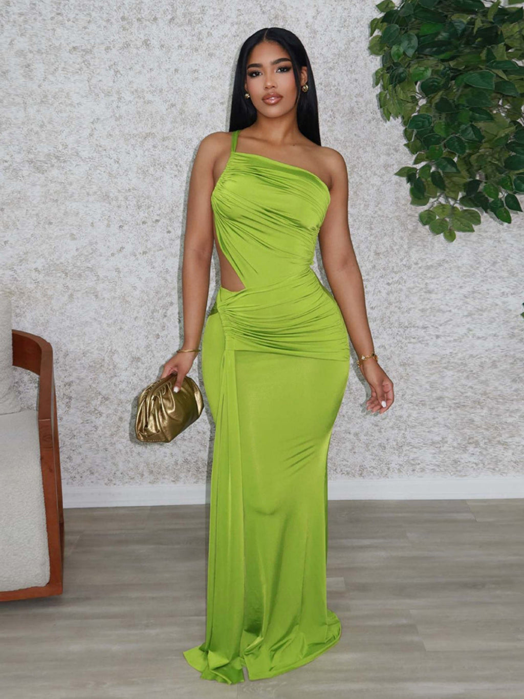 Ribbon Pleated One Shoulder Backless Maxi Dresses