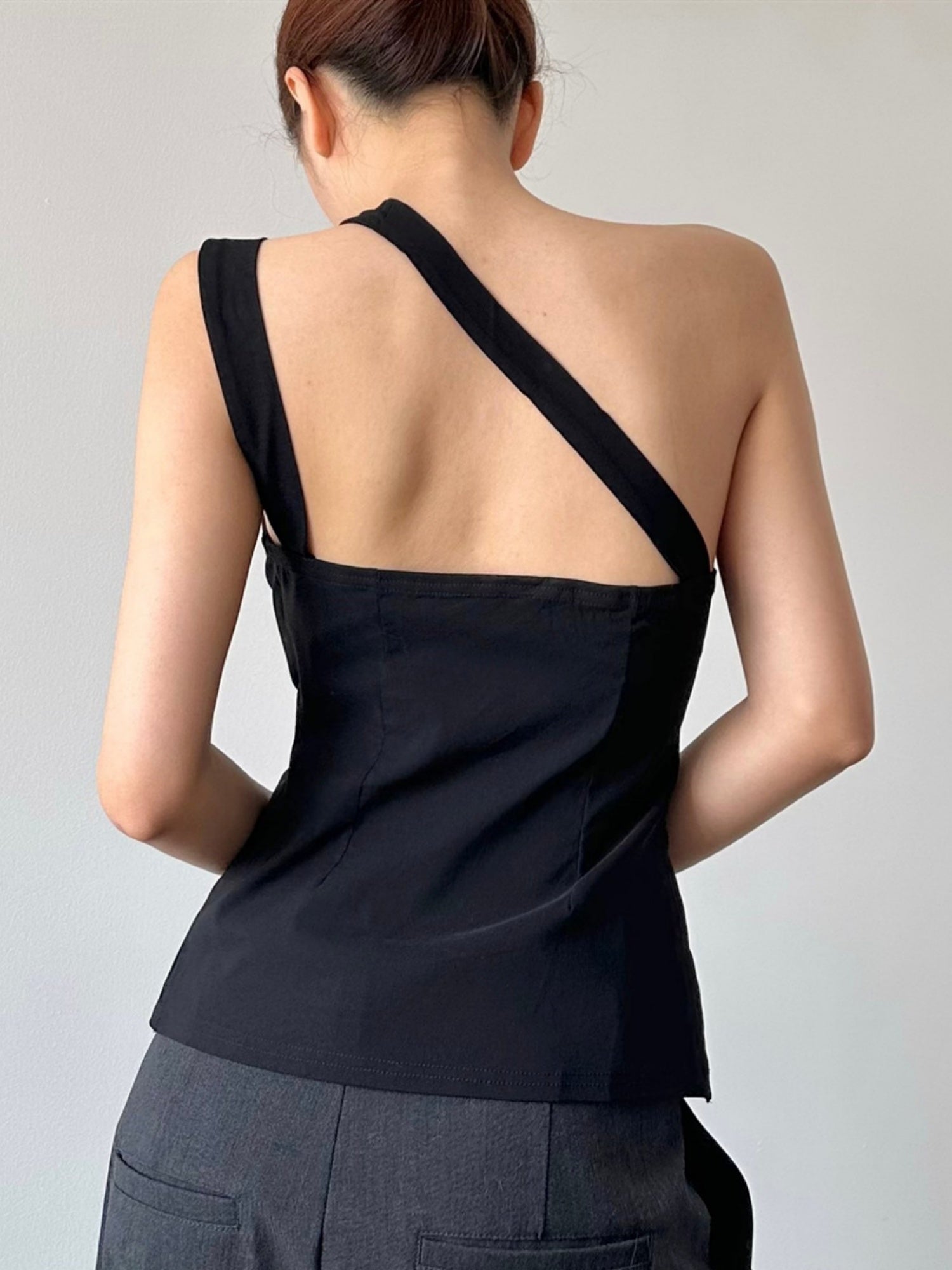 Hollow Out Asymmetrical Collar Buttons Tank Tops