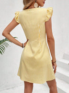 Striped Color Blocking Buttons V-neck Flutter Sleeves Mini&Short Dresses