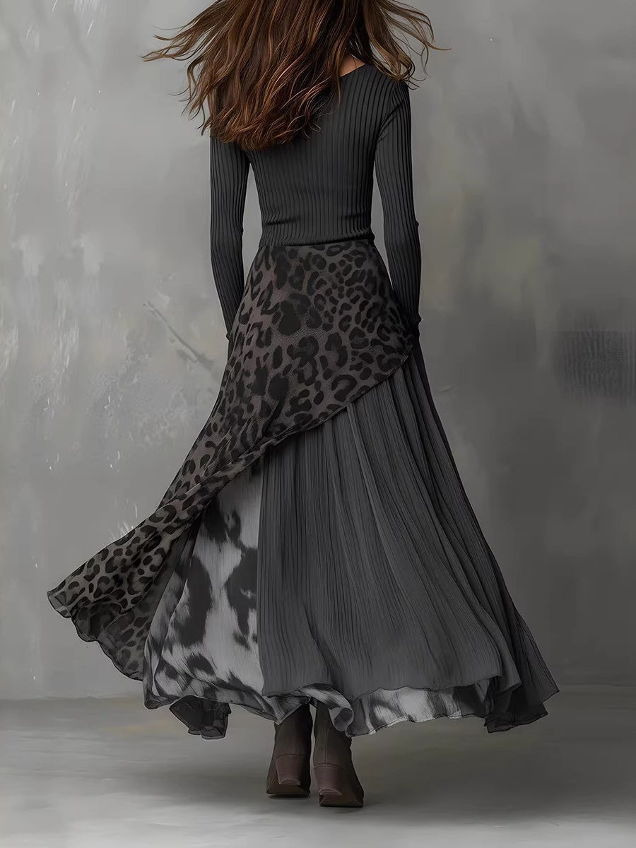 Black Long-sleeved Printed Irregular Design Round Neck Long Dress