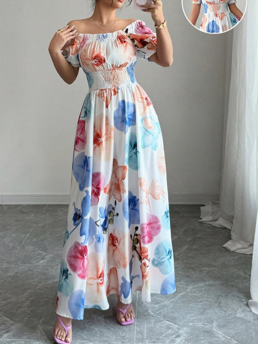 Color One-shoulder Collar Flowers Maxi Dresses