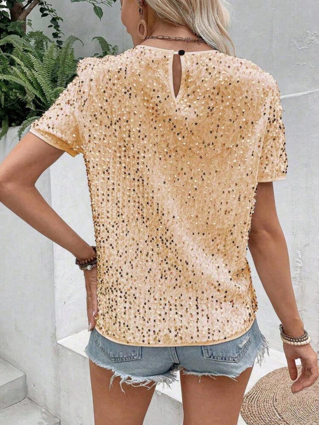 Sequins Crew Neck Short Sleeve T-shirt