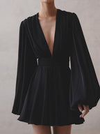 V-neck Flared Sleeves Waist Mini&Short Dresses