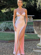 Sexy Halter Top High Slit Slim Fit Satin Parties Cocktail Party Wedding Long Dress