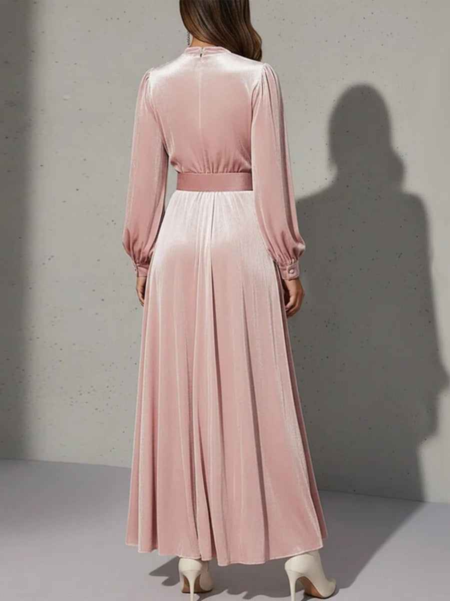 Waist Long Skirt Solid Color V-neck Velvet Long Sleeve Midi Dresses